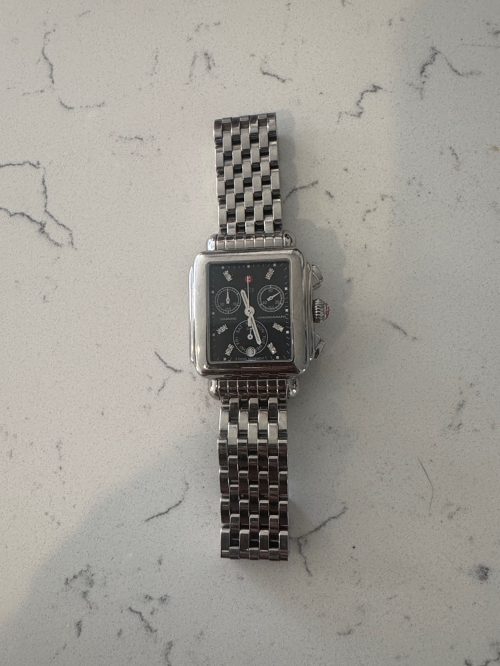 Michele Deco Watch with Black Bezel and Diamonds